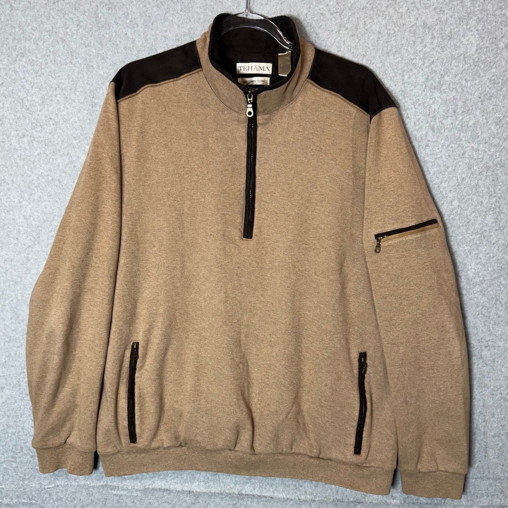 Tehama Quarter Zip Pullover Sweatshirt Mock Neck Pockets‎ Beige Brown L/G